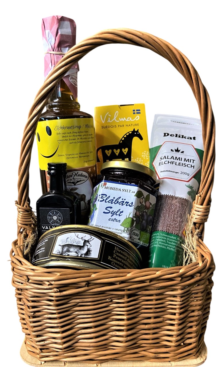 Wikinger Geschenkkorb mit "Elchkrautsirup" Wikinger Geschenkkorb mit "Elchkrautsirup"